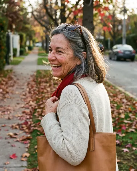 Una mujer camina sonriente por una calle de Vitacura con su bolso