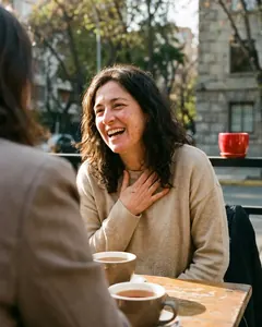Una mujer se ríe fuerte en un café