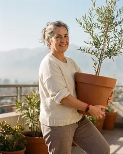 Una mujer levanta una maceta con un olivo en su terraza