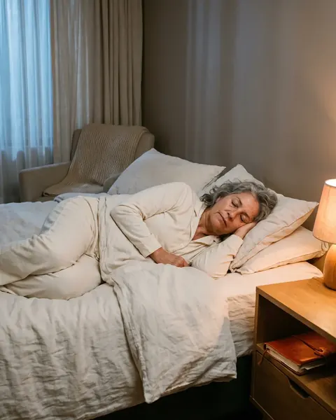 Una mujer duerme profundo de noche, en pijama