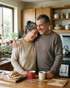 Una pareja se abraza riendo en la cocina