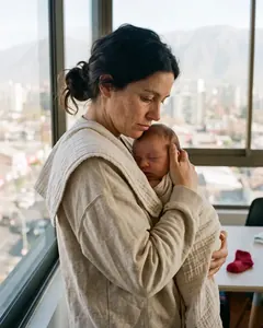 Una mamá con su guagua en brazos junto a la ventana