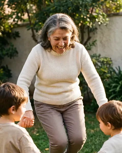 Una abuela salta en el jardín con sus dos nietos