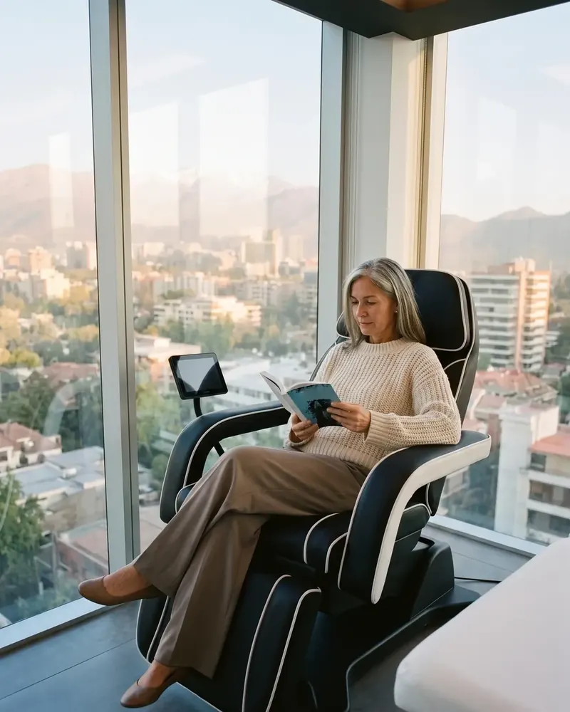 Una mujer vestida lee sentada en la silla PelviX™, junto a un ventanal con la cordillera