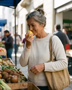 Una mujer pasea tranquila por una feria con un limón en la mano