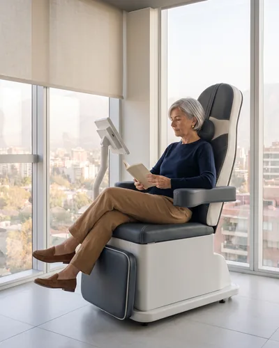 Una mujer sentada en la silla PelviX™, con su ropa, leyendo junto a la ventana