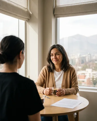 Conversación con la kinesióloga junto a la ventana, con un café y el resumen por escrito sobre la mesa